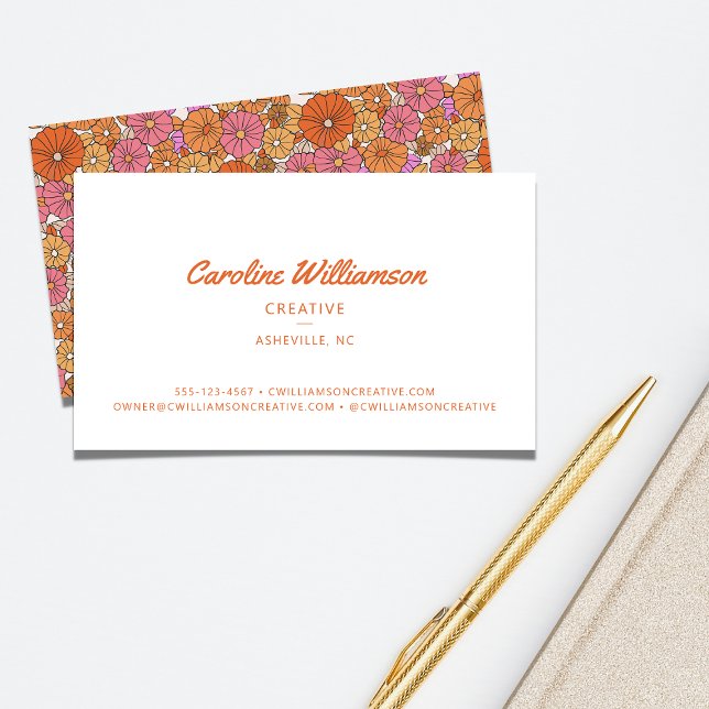Groovy Retro Pink Orange Bohemian Floral Flowers Business Card (Creator Uploaded)