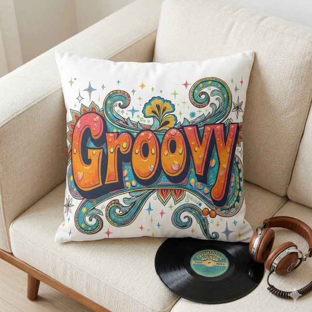 Groovy Retro Psychedelic 70s Funky Hippie Art Cushion (Groovy Retro Psychedelic 70s Funky Hippie Art Throw Pillow Mockup A)