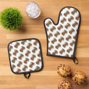 Groovy Retro Psychedelic 70s Funky Hippie Art Oven Mitt & Pot Holder Set