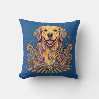 Groovy Retro Psychedelic Golden Retriever Peace Cushion