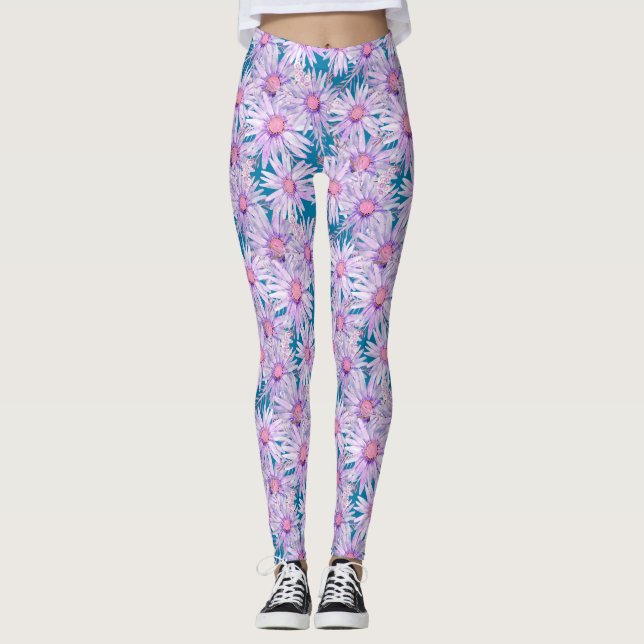Groovy Retro Purple Daisy Pattern Leggings (Front)