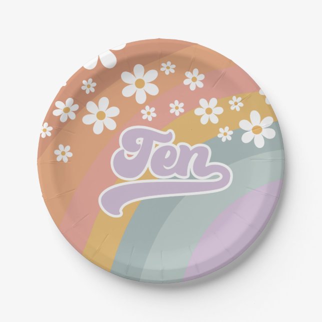 Groovy Retro Rainbow 10th Birthday Paper Plates (Front)