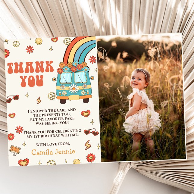 Groovy Retro Rainbow 1st Birthday Photo Thank You Card (Creator Uploaded)