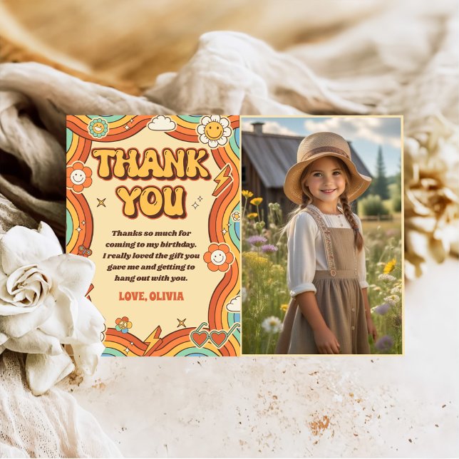 Groovy Retro Rainbow Birthday Party Photo Thank You Card (Creator Uploaded)