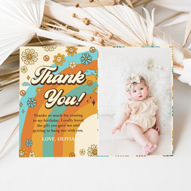 Groovy Retro Rainbow Birthday Photo Thank You Card (Creator Uploaded)