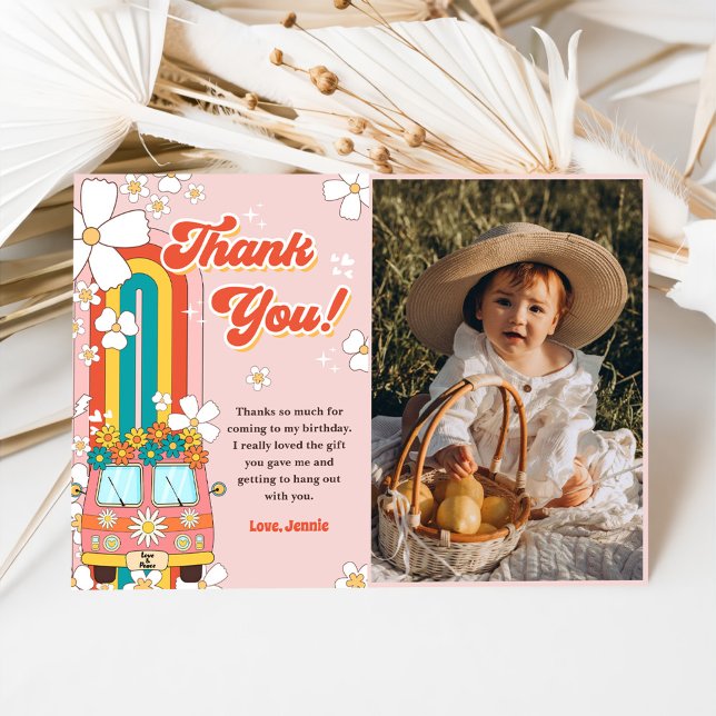 Groovy Retro Rainbow Birthday Photo Thank You Card (Creator Uploaded)