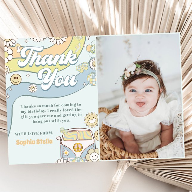 Groovy Retro Rainbow Birthday Photo Thank You Card (Creator Uploaded)