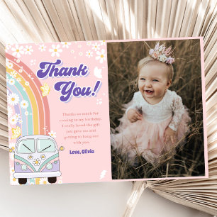 Groovy Retro Rainbow Birthday Photo Thank You Card