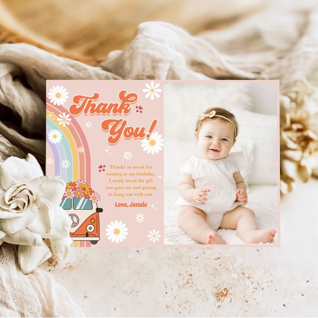 Groovy Retro Rainbow Birthday Photo Thank You Card (Creator Uploaded)
