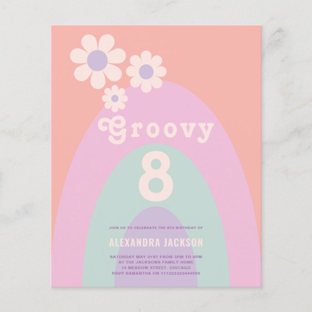 Groovy Retro Rainbow Floral Birthday Party Budget Flyer (Front)