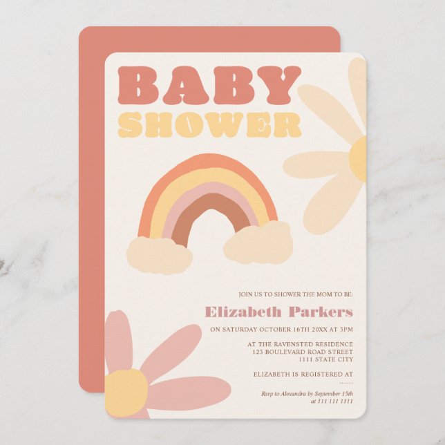 Groovy retro rainbow flowers boho baby shower invitation (Front/Back)
