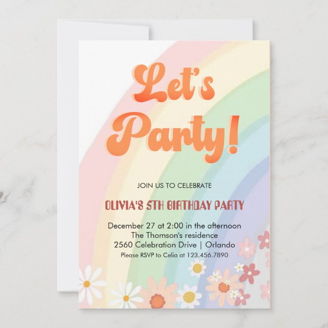 Groovy Retro Rainbow Girl birthday Invitation (Front)