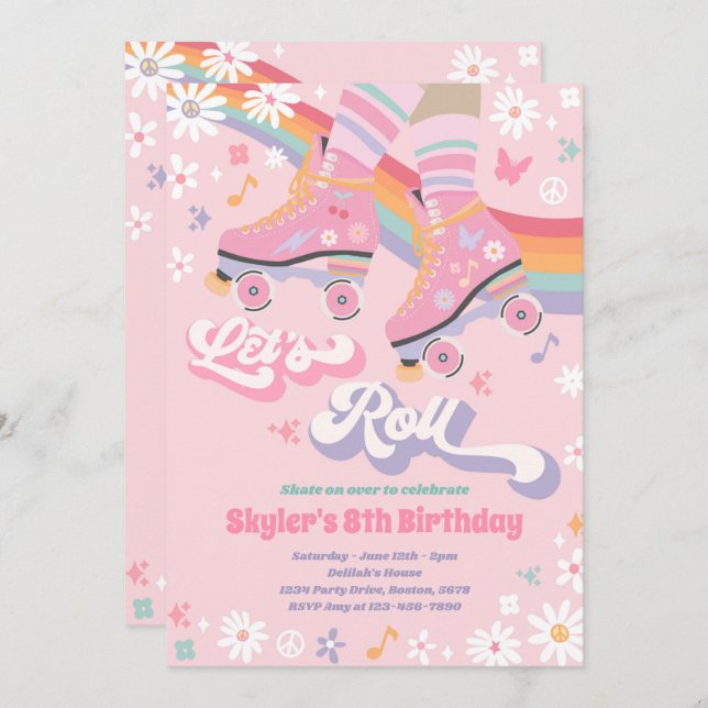 Groovy Retro Rainbow Roller Skating Birthday Party Invitation (Front/Back)