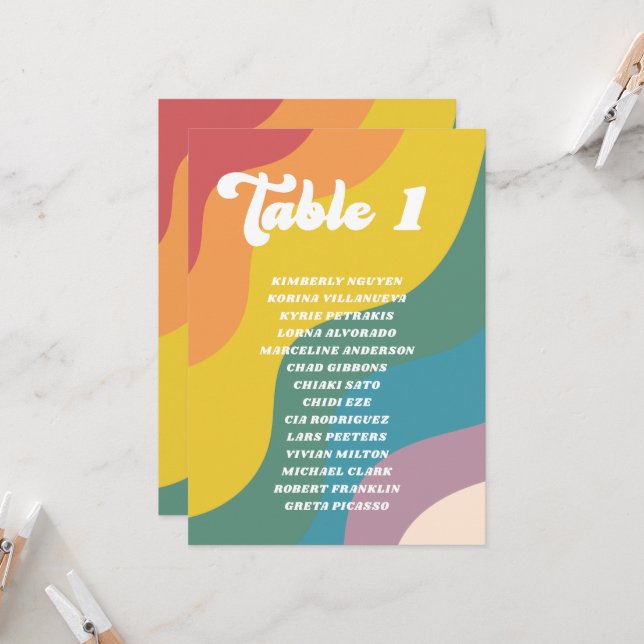 Groovy Retro Rainbow Table Number Guest Names Card (Front/Back In Situ)