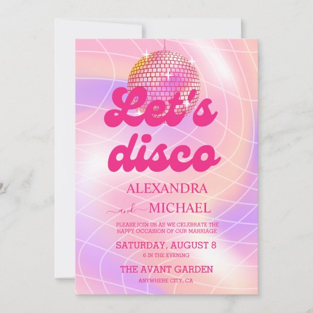 Groovy Retro Roller Pink and Gold Wedding Invitation (Front)