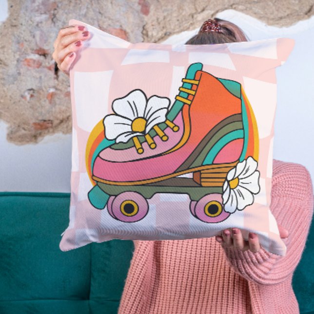 Groovy Retro Roller Skate 60s Hippie Rainbow Cushion (Groovy Retro Roller Skate 60s Hippie Rainbow Throw Pillow teen college dorm room decor decoration)