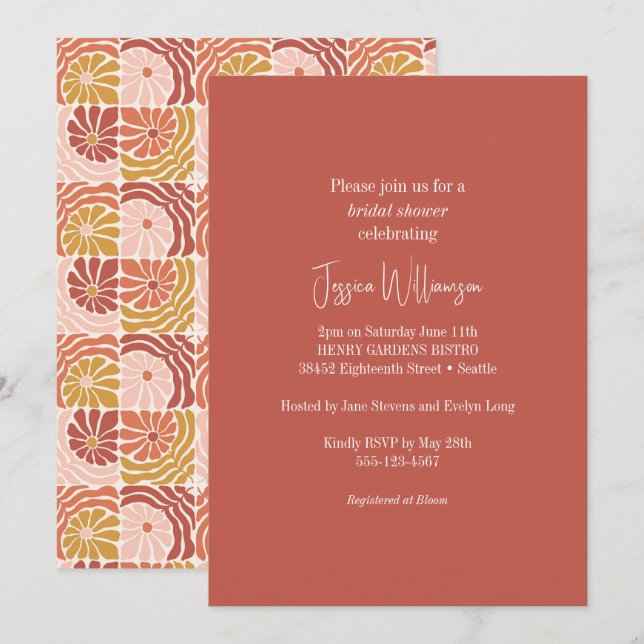 Groovy Retro Rosewood Clay Botanical Trendy Shower Invitation (Front/Back)