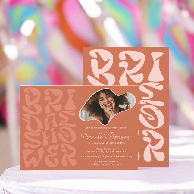 Groovy retro Script terracotta Photo bridal shower Invitation (Groovy retro Script terracotta Photo bridal shower Invitation)
