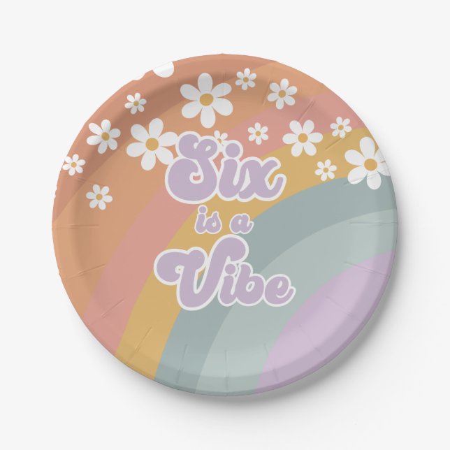 Groovy Retro six is a Vibe Rainbow Paper Plate (Front)