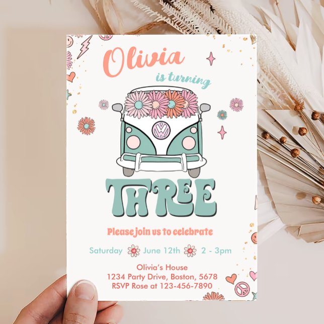 Groovy Retro Smile Flowers 3rd Birthday Invitation (Creator Uploaded)