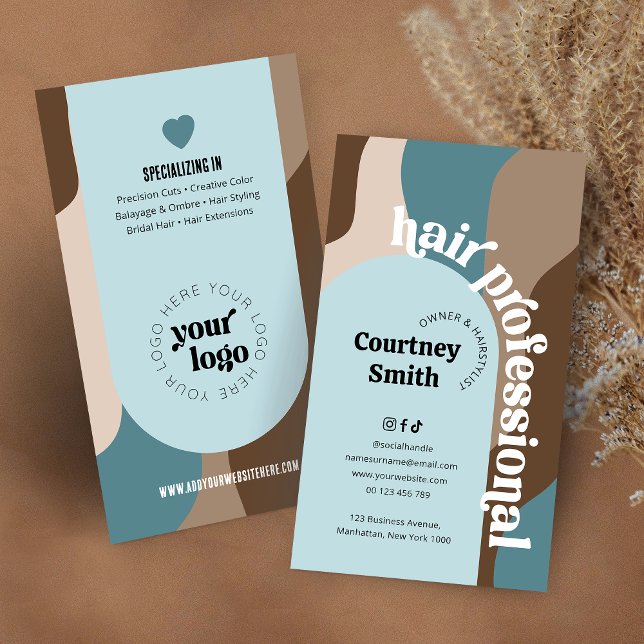 Groovy Retro Teal & Beige Hair Salon Hairdresser Business Card (Trendy hair stylist business cards with retro fonts and your logo)