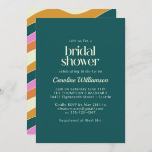 Groovy Retro Teal Green Wavy Lines Bridal Shower Invitation