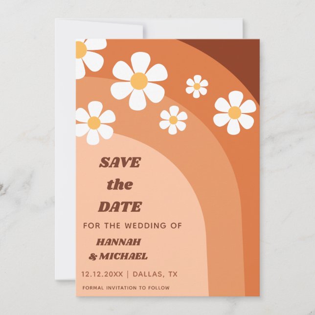 Groovy Retro Terracotta Boho Rainbow Daisy Floral  Save The Date (Front)