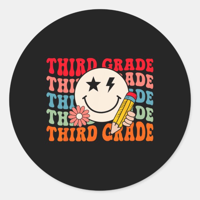 Groovy Retro Third Grade Back To School Students T Classic Round Sticker (Front)