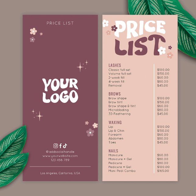 Groovy Retro Trendy Lashes & Brow Salon Price List Rack Card (Groovy business price list menu featuring retro fonts and trendy design)