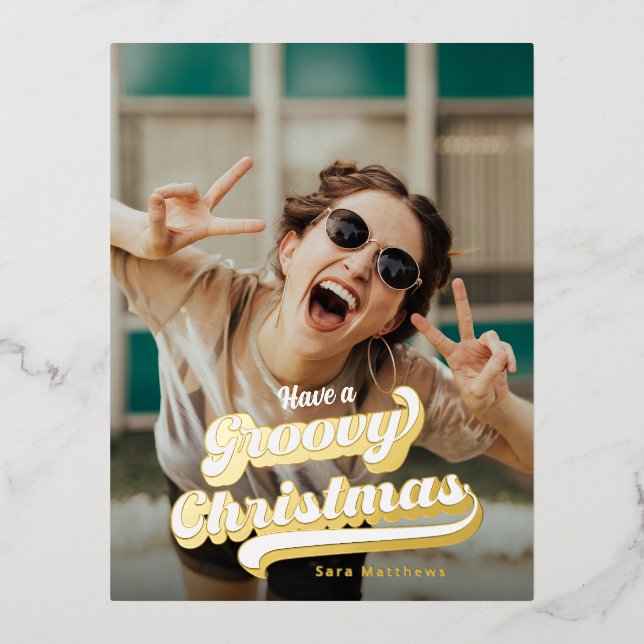 Groovy Retro Typography Christmas Gold Foil Holiday Postcard (Front)
