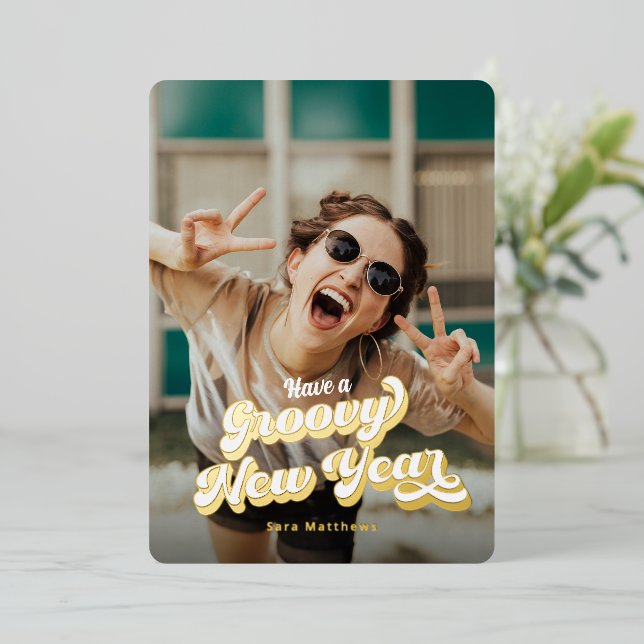 Groovy Retro Typography & Gold Foil New Years Holiday Card (Standing Front)