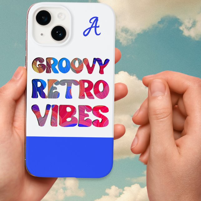 Groovy Retro Vibes Colourful Cool Monogrammed Case-Mate iPhone Case (A monogrammed phone case with 'Groovy retro vibes' caption in multicolored capital letters)