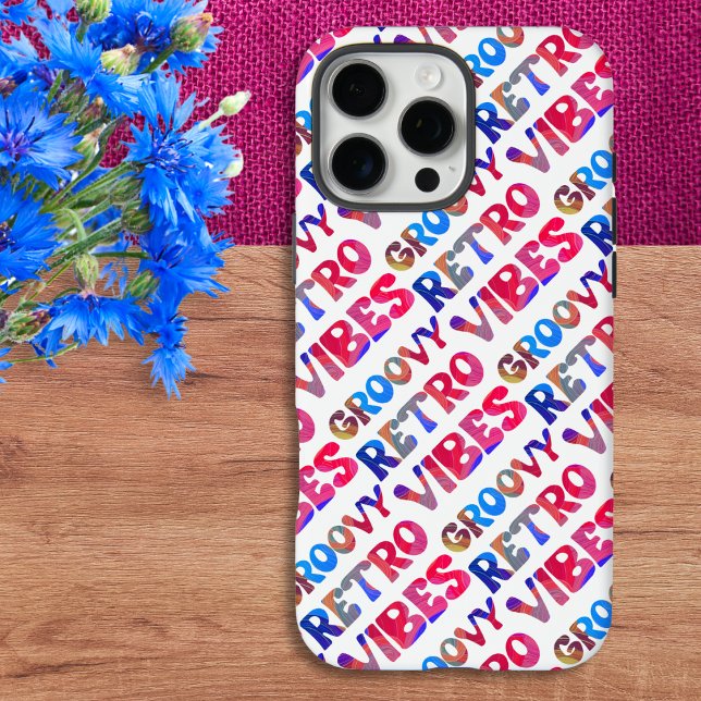 Groovy Retro Vibes Colourful Hippie 70s-Inspired Case-Mate iPhone Case (A cool phone case with 'Groovy Retro Vibes' words in a colorful repeating pattern)