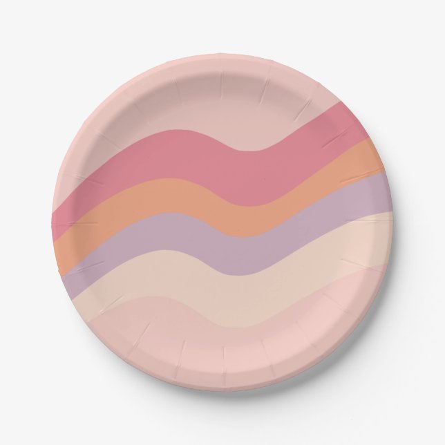 Groovy Retro Vibes pink wavy Paper Plates (Front)