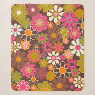 Groovy Retro Vintage Style 60s 70s Floral Pattern Sherpa Blanket