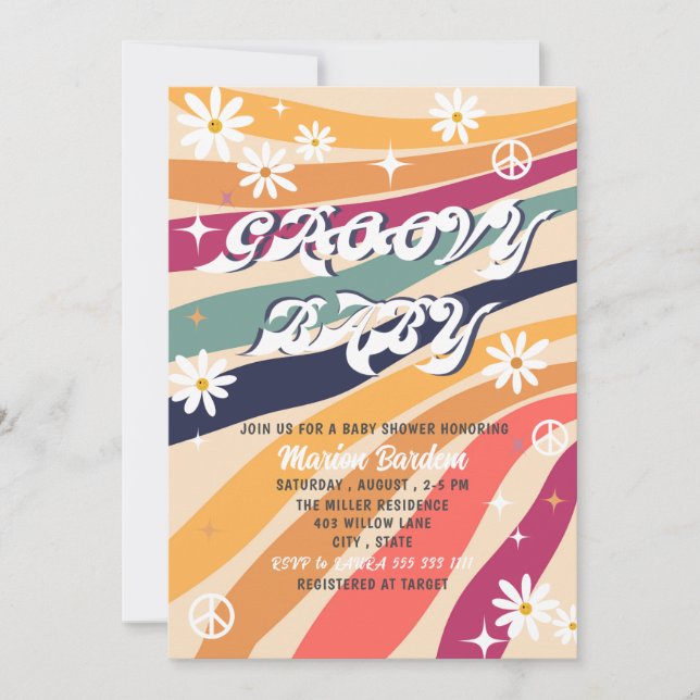 Groovy retro watercolor baby shower Invitation (Front)