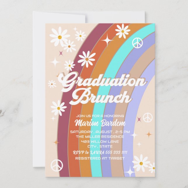Groovy retro watercolor graduation brunch invitation (Front)