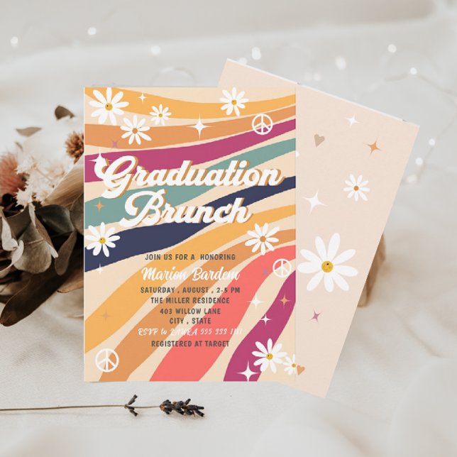 Groovy retro watercolor graduation brunch invitation (Creator Uploaded)