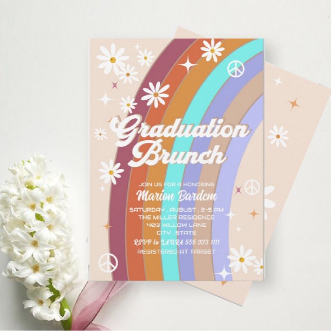 Groovy retro watercolor graduation brunch invitation (Creator Uploaded)