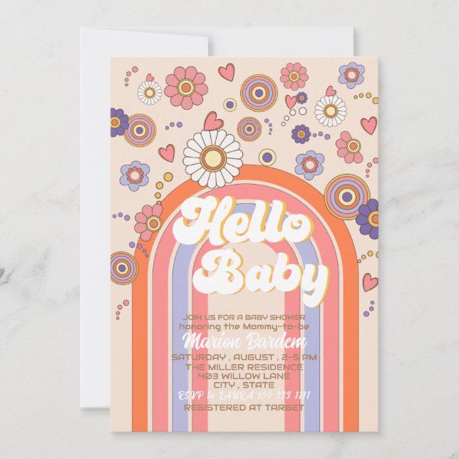 Groovy retro watercolor hello baby shower invitation (Front)
