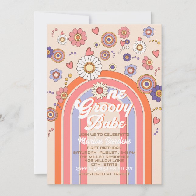 Groovy retro watercolor one  baby celebrate  invitation (Front)