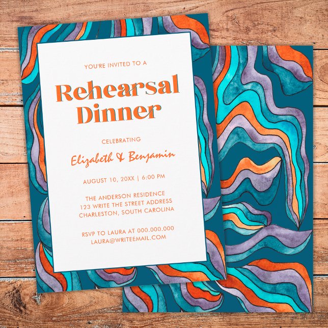 Groovy Retro Wavy Blue Wedding Rehearsal Dinner Invitation (Front and Back)