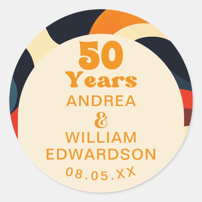 Groovy Retro Wavy Boho 50th Wedding Anniversary Classic Round Sticker (Front)