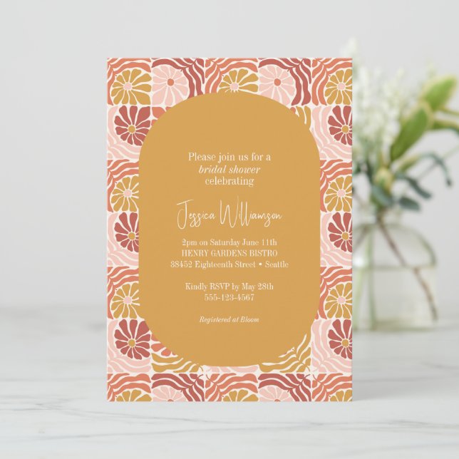 Groovy Retro Yellow Pink Red Botanical Shower Invitation (Standing Front)