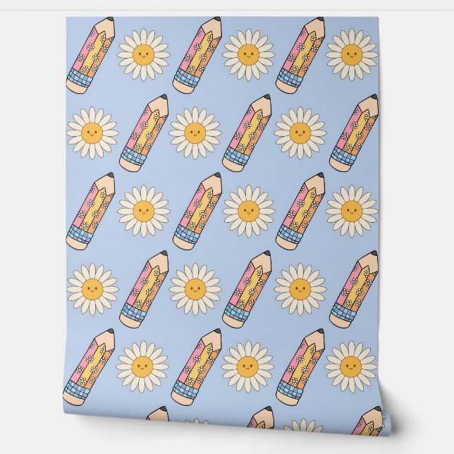 Groovy School Wallpaper with Pencils & Flowers (Unrolling)