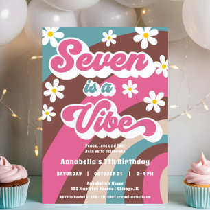 Groovy Seven is a Vibe pink teal girl 7th birthday Invitation