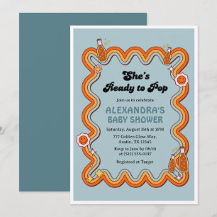Groovy Shes Ready to Pop Girl Dusty Blue Invitation