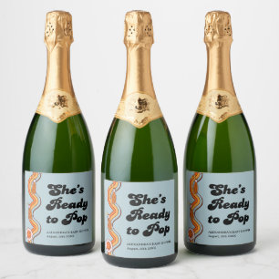 Groovy Shes Ready to Pop Retro Dusty Blue Sparkling Wine Label