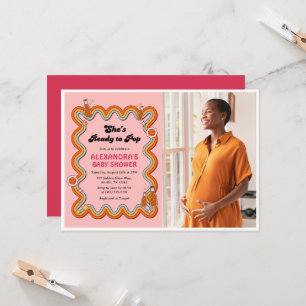 Groovy Shes Ready to Pop Retro Dusty Rose Photo Invitation