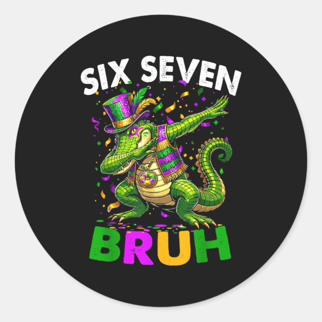 Groovy Six Seven Bruh Alligator Dabbing Mardi Gras Classic Round Sticker (Front)